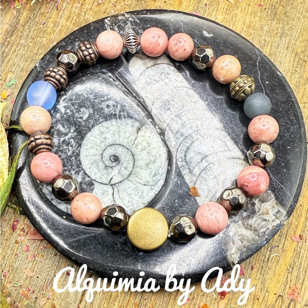 Fall + brass +Rhodonite beaded bracelet - Picture 3 of 10